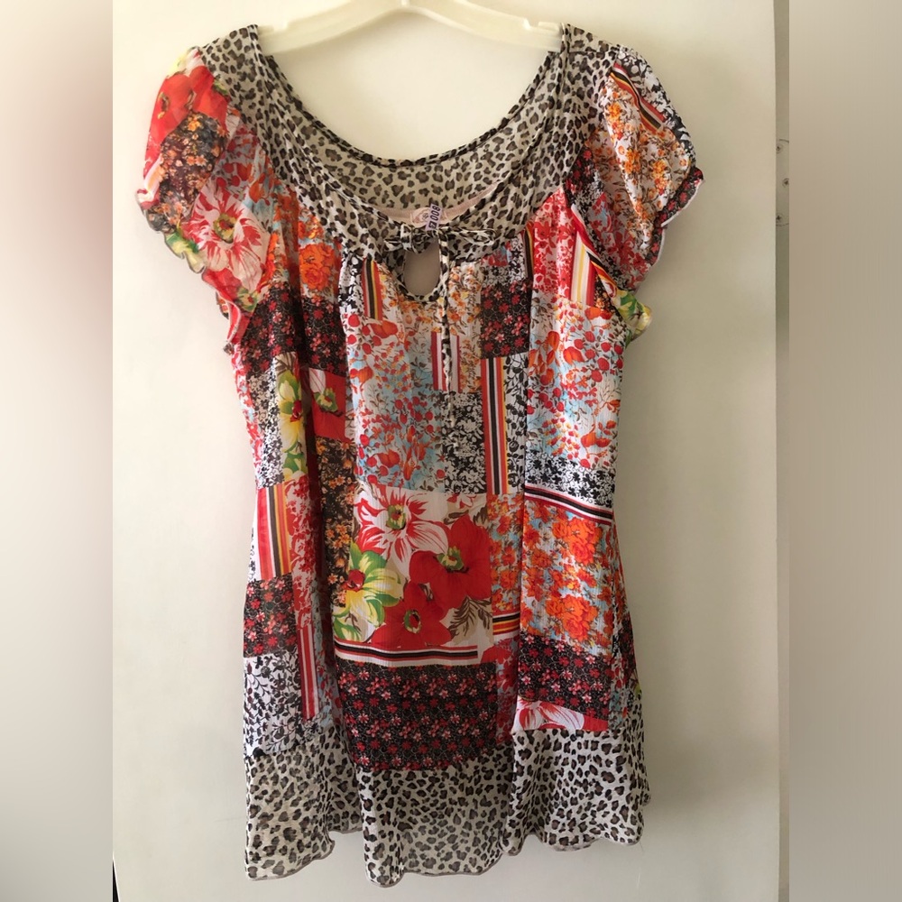 Patchwork Floral Leopard Trim Boho Top - Red, Orange, Black